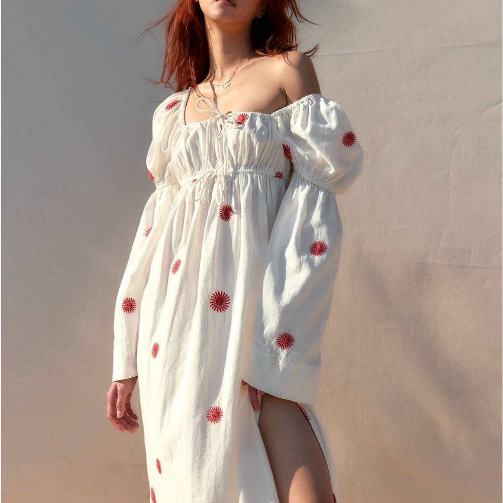 Free People Emory White Off-Shoulder Maxi Dress with Red Sunburst Embroidery